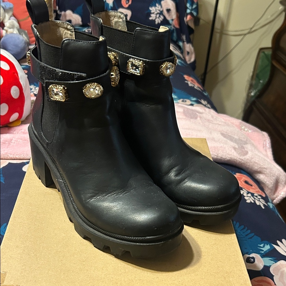 Steve Madden Black Ankle Boots with Gold Accents
